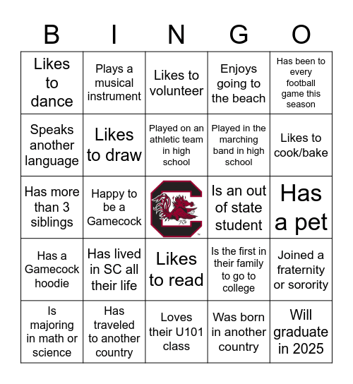 U101 Gamecock Bingo Card