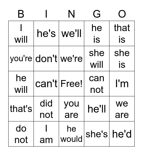 Contractions Bingo Card