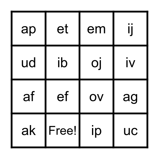 Two Letter Alien Word Bingo Card