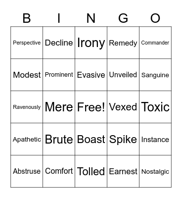 TSI Vocabulary Bingo Card