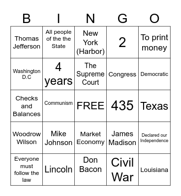 Citizenship Bingo Card