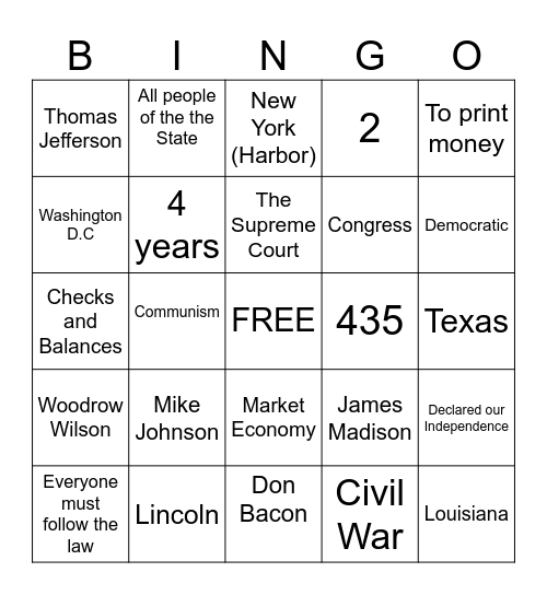 Citizenship Bingo Card