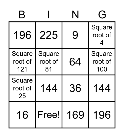 RAIZ QUADRADA Bingo Card