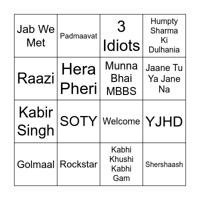 Bollywood Bingo Card