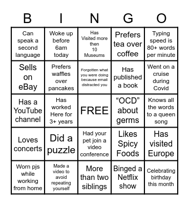 Online Team Building Bingo Card