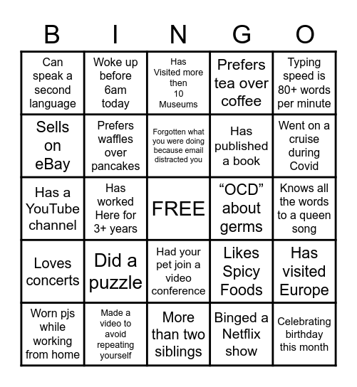 Online Team Building Bingo Card