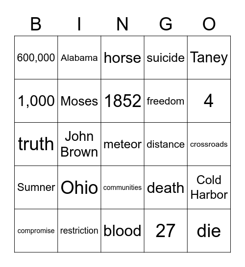 The Civil War: The Cause Bingo Card