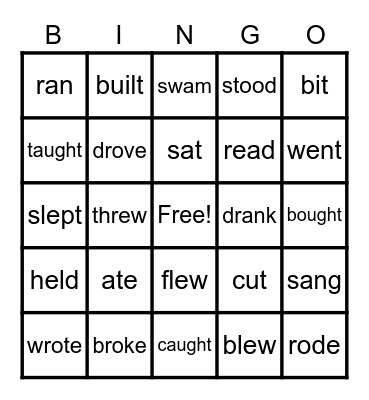 Irregular Past Tense Verbs Bingo Card