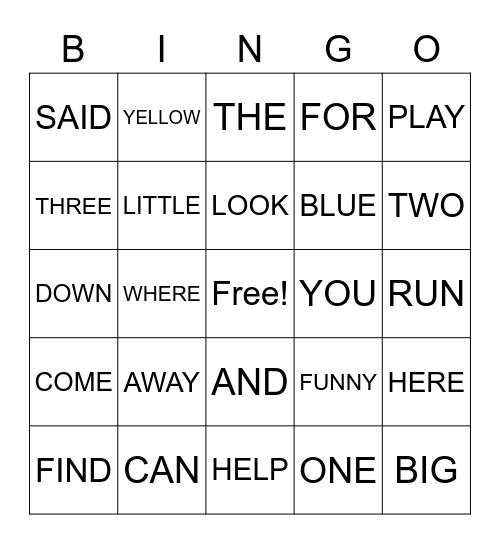 SIGHT WORD BINGO Card