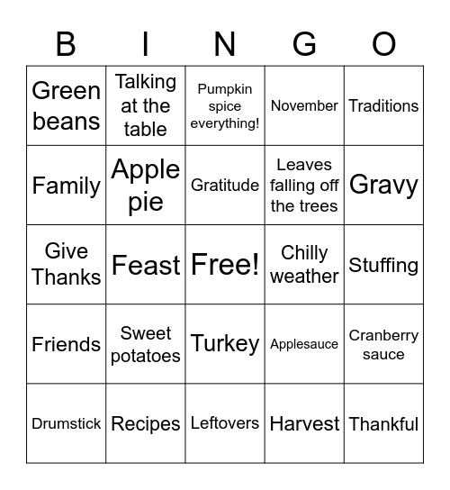 Thanksgiving Bingo Card