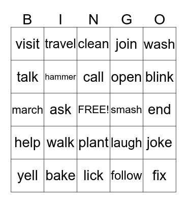 Regular Past Tense Bingo Card