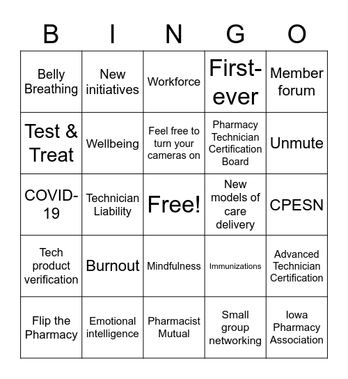 Pharmacy Technician Member Forum BINGO Card