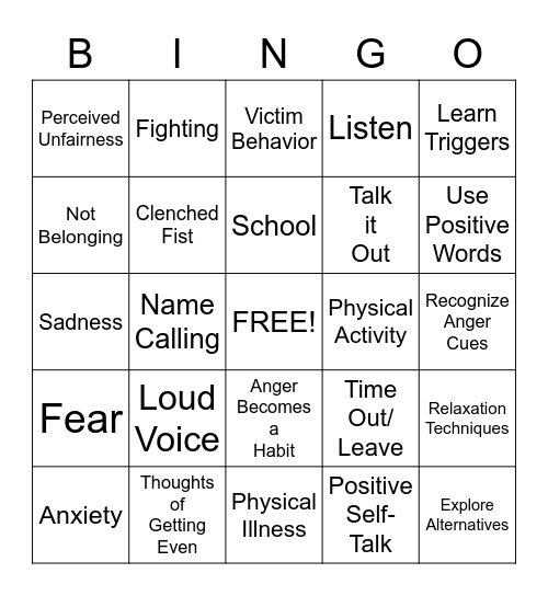 Anger Bingo Card