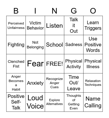 Anger Bingo Card