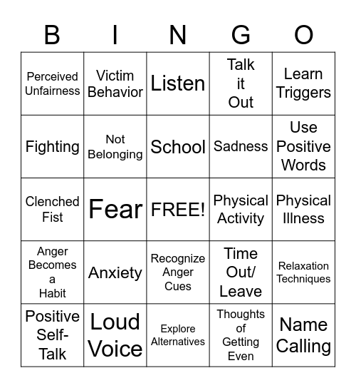 Anger Bingo Card
