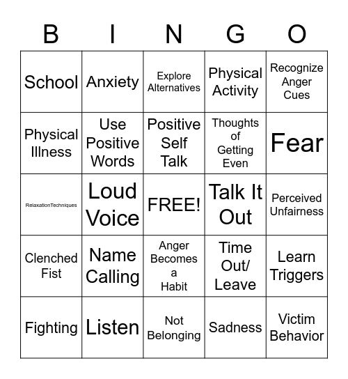 Anger Bingo Card