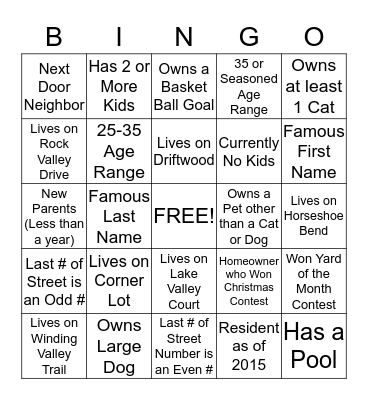 Lake Valley North Community Bingo Card