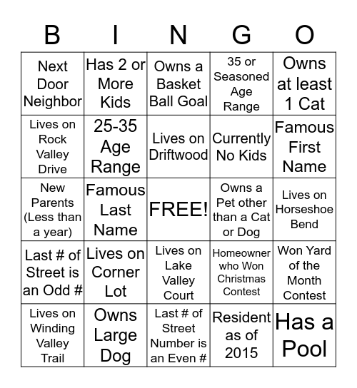 Lake Valley North Community Bingo Card