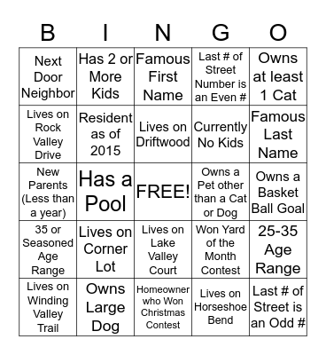 Lake Valley North Community Bingo Card