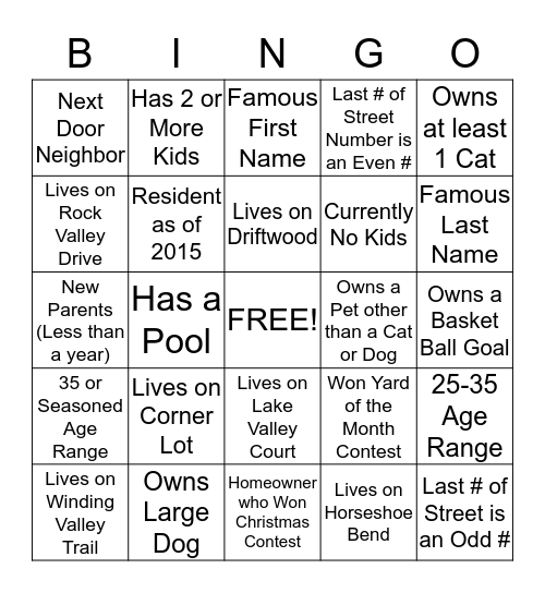 Lake Valley North Community Bingo Card