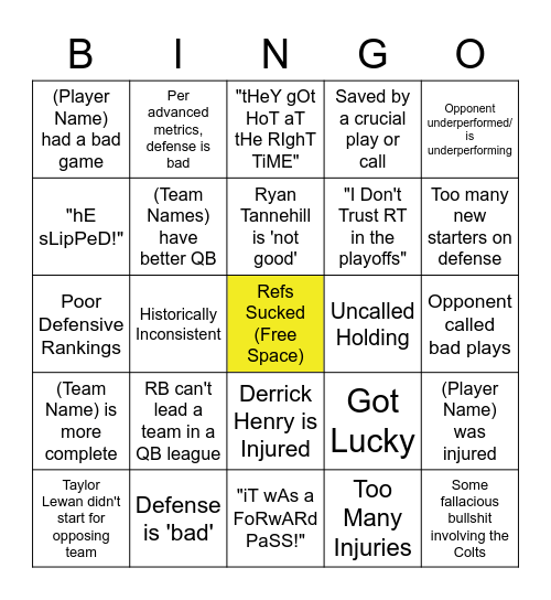 Titans Excuse Bingo Card Bingo Card