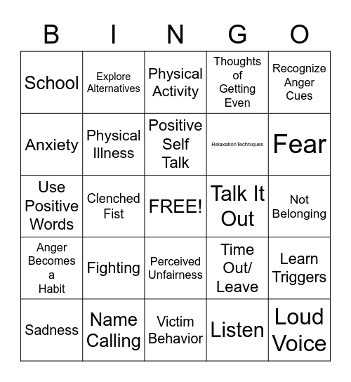 Anger Bingo Card