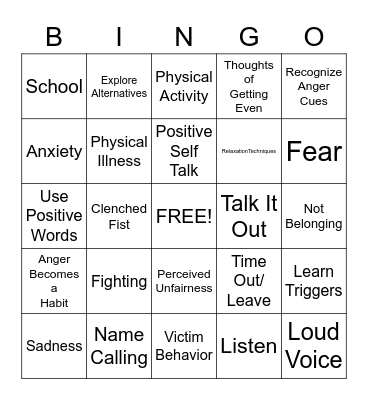 Anger Bingo Card