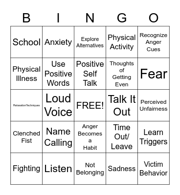 Anger Bingo Card