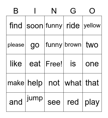 Site Words Bingo Card