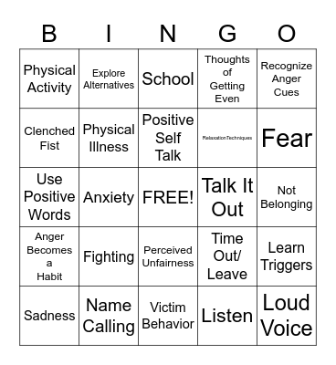 Anger Bingo Card
