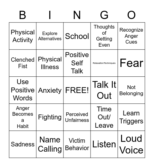 Anger Bingo Card