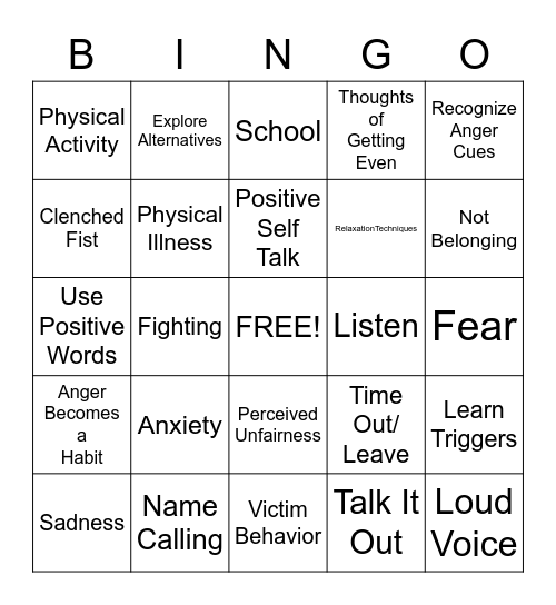 Anger Bingo Card