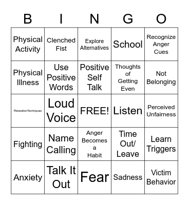 Anger Bingo Card