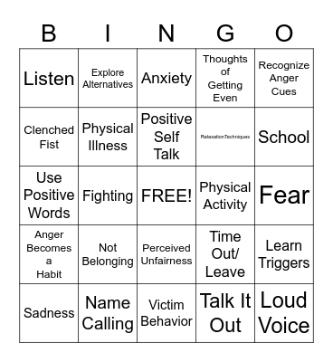 Anger Bingo Card