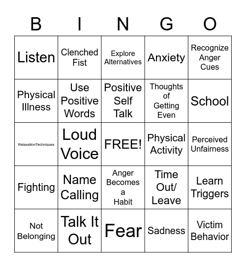 Anger Bingo Card