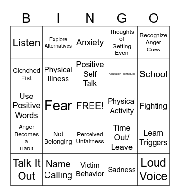 Anger Bingo Card