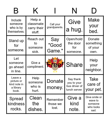 PSWRS 1st Graders' Kindness Bingo Card