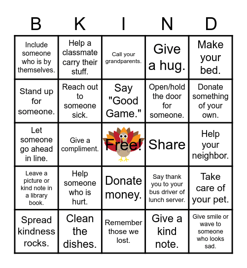 PSWRS 1st Graders' Kindness Bingo Card