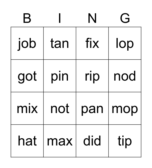 CVC Words--short a, i, and o Bingo Card