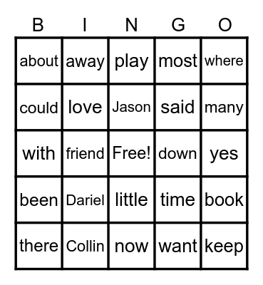 Sight Words Bingo Card