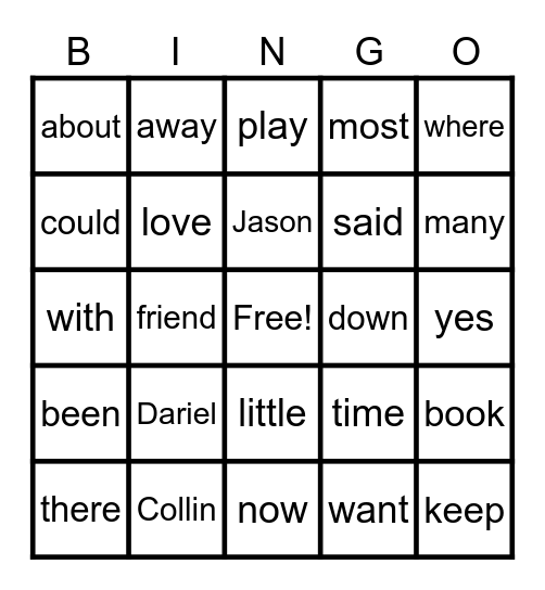 Sight Words Bingo Card