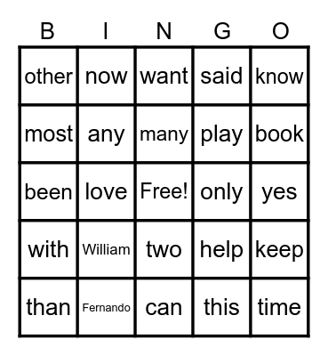 Sight Words Bingo Card