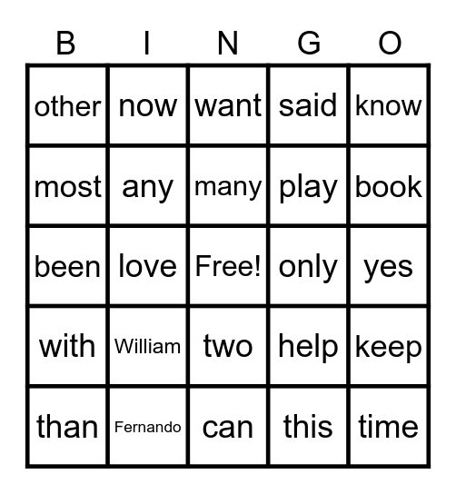 Sight Words Bingo Card