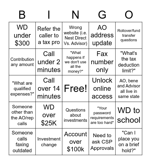 Team David Call Bingo Card