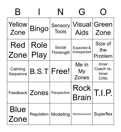 Zones of Regulation Workshop Bingo Card