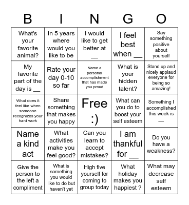 Self Esteem With St. Luke's School of Nursing Bingo Card