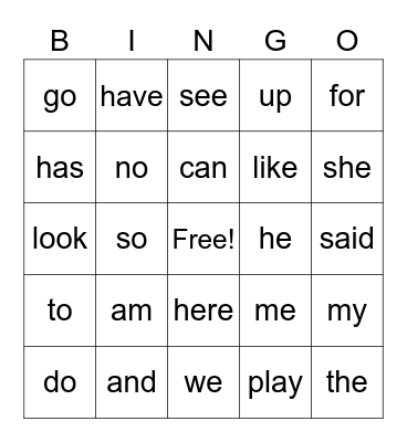 Sight Words Bingo Card