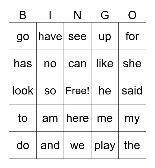 Sight Words Bingo Card