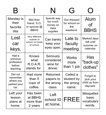 Tired Teacher Bingo Card