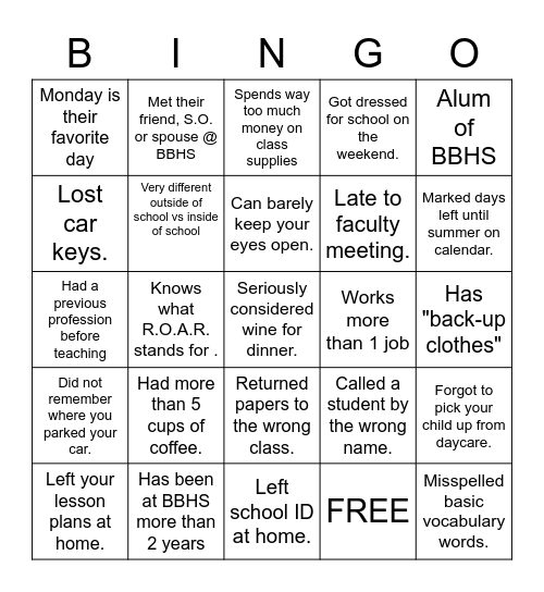 Tired Teacher Bingo Card